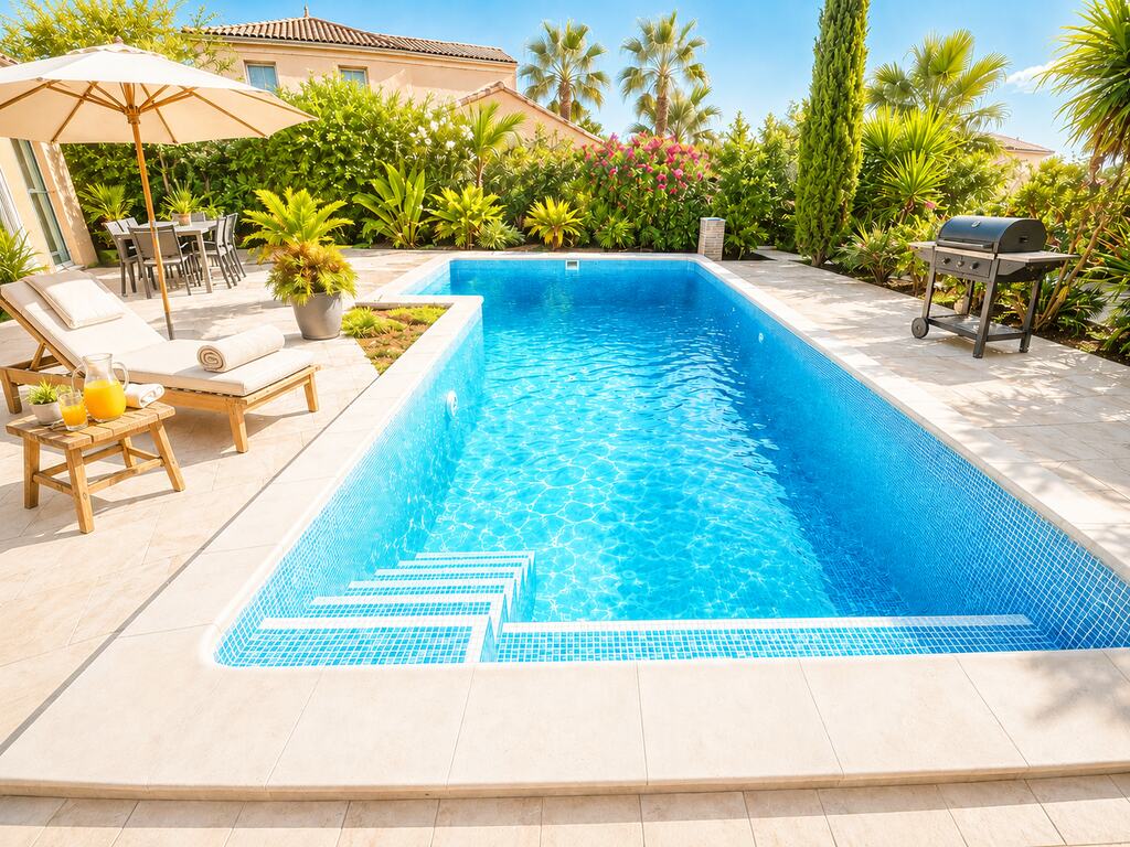 Terraza de piscina con palmeras y vistas a la sierra en la Costa Blanca