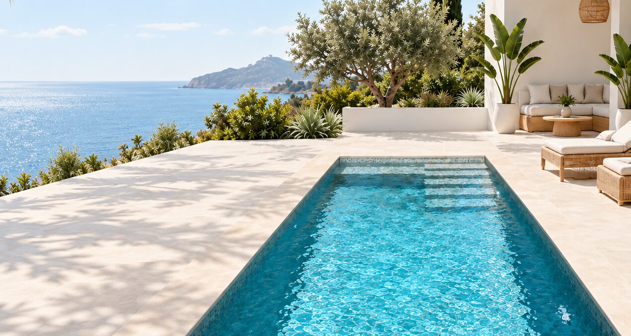 Piscina de obra en una terraza mediterránea con vistas al mar en la Costa Blanca